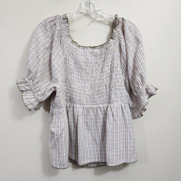 Old Navy NWT smocked plaid puff short sleeve baby doll top woman's size XL - Picture 4 of 9